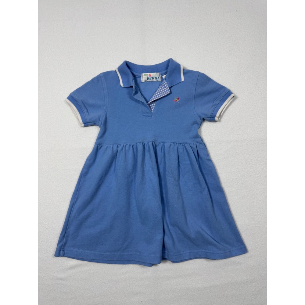 Vintage Just Jenny Dragonfly Polo Dress Kids 3T Blue Gingham Accent Short Sleeve
